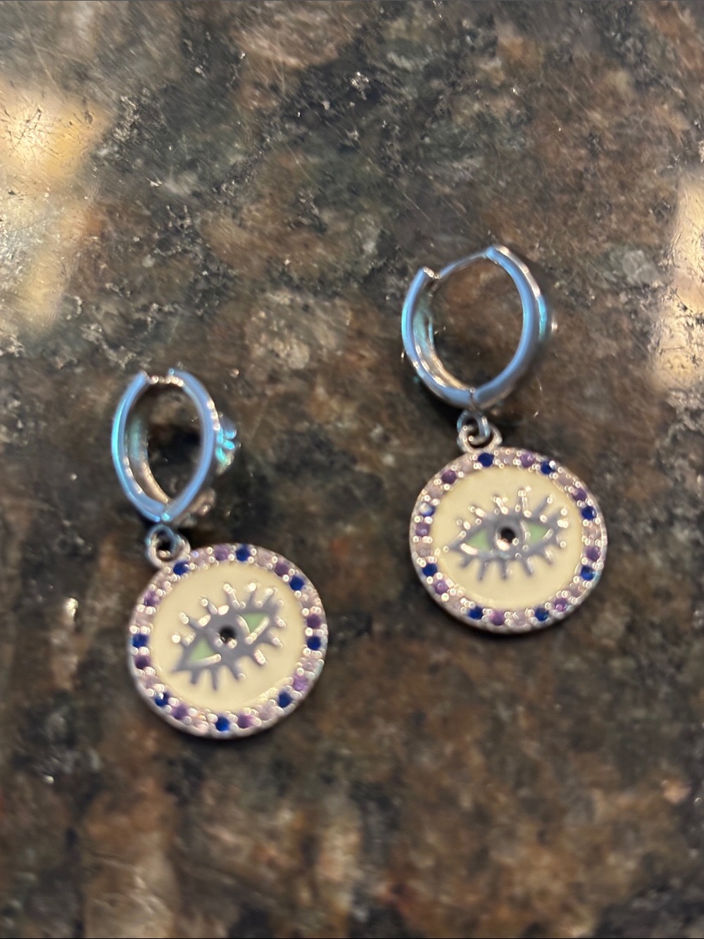 Sterling Forever 925 Sterling Huggie Evil Eye Drop Earrings Purple Cream Accents